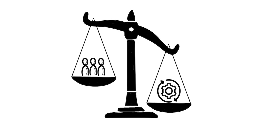 A set of scales showing process weighing heavier than people